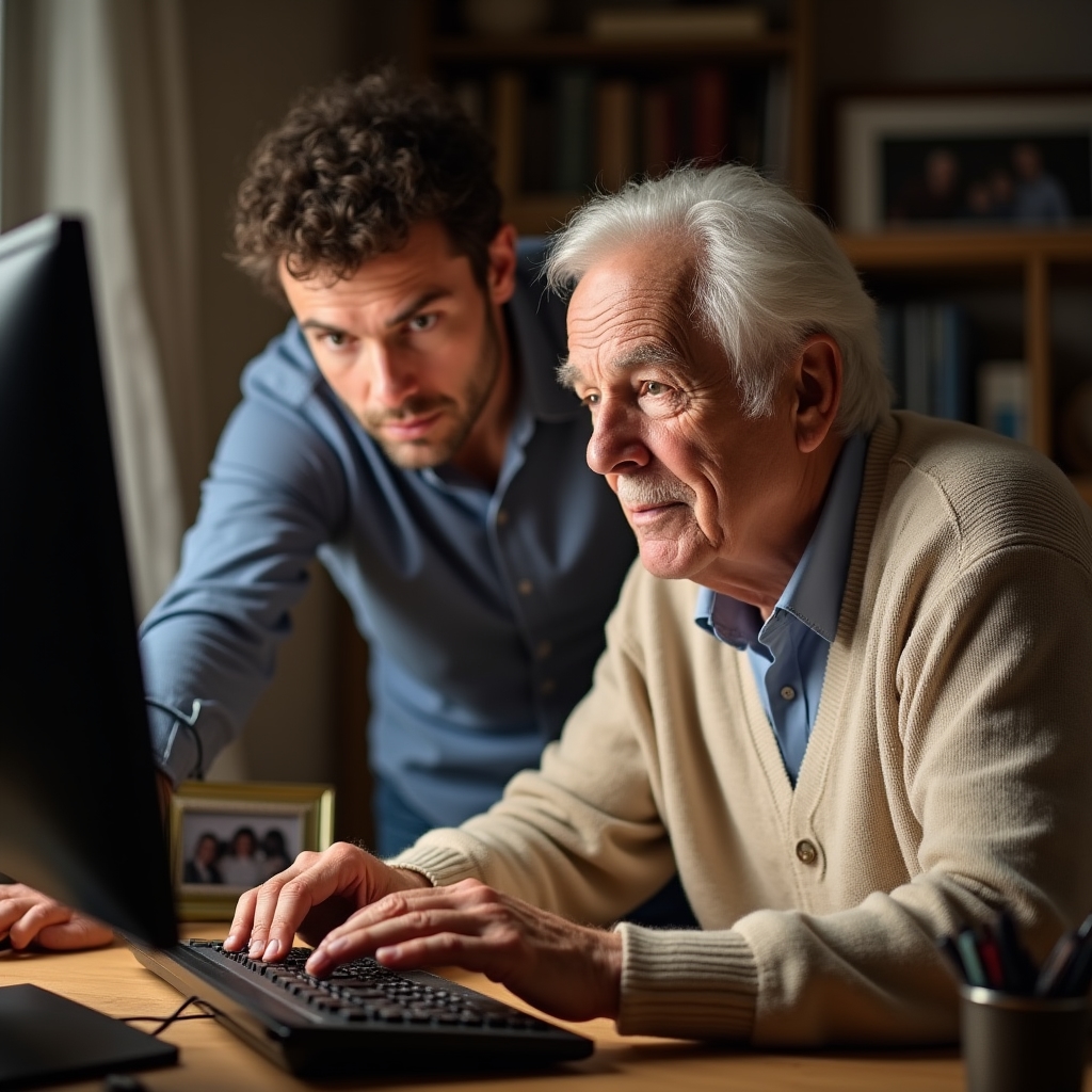 Anziano che impara a usare il computer con guida del tecnico