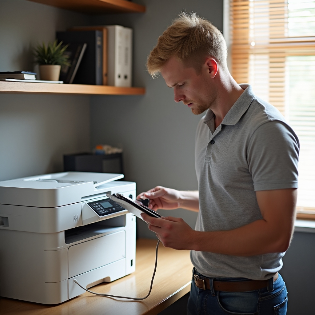 Tecnico che configura una stampante wireless in un ufficio domestico